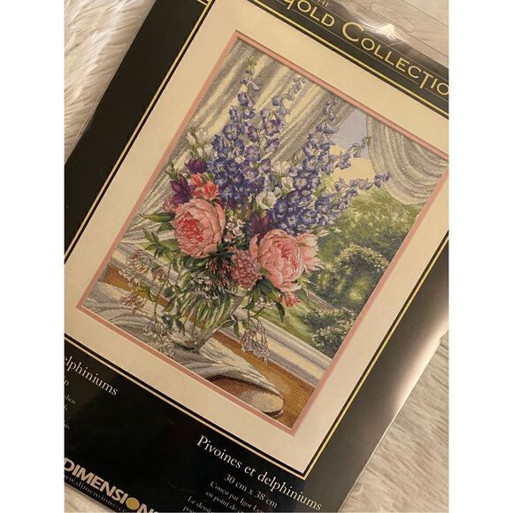 NEW Dimensions 12”X15” Peonies & Delphiniums Flower Cross Stitch Kit - Picture 4 of 7
